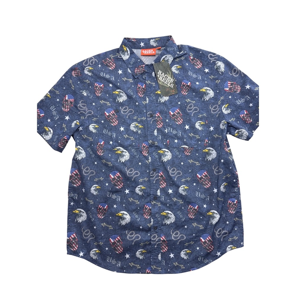 Racks & Reels Mens Large‎ Patriotic Fishing Shirt Blue Eagle Flag Skull NWT